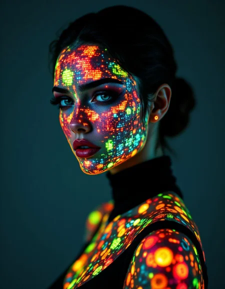 Futurism Art Style, This is a high-resolution photograph of a woman with a striking, futuristic appearance. Her face and body are covered in a glowing, pixelated pattern of vibrant colors, including red, orange, yellow, green, blue, and white, which creates a mesmerizing, almost holographic effect. The colors are arranged in a complex, abstract design, with some areas of the pattern appearing more densely packed than others. Her skin is smooth and flawless, accentuated by the contrast of the glowing pixels.
The woman has a slender build and is wearing a form-fitting, black bodysuit that mirrors the pixelated pattern, seamlessly blending with the light show. Her dark hair is pulled back into a sleek, low bun, and her eyes are strikingly blue, complemented by thick, dark eyelashes. She has full, red lips that stand out against the colorful background.
The background is a dark, neutral color, which allows the glowing pixels to be the focal point. The lighting is soft but intense, casting shadows that enhance the depth and dimension of the image. The overall style of the photograph is modern and avant-garde, blending elements of technology and fashion into a visually stunning and thought-provoking composition. <lora:aidmaFLuxPro1.1_v0.3:1>, ((intricate details)), hdr, ((intricate details, hyperdetailed)), dynamic, dramatic, Futurism Art Style
