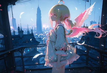((standing,smile,side view,negative space:1.5))
1 girl, short and petite,(waist length hair:0.9), (straight hair:0.8),blonde hair, (vibrant pink accents hair:1.1),fair skin,pink eyes, (sparkling eyes:1.1),ahoge,small wings ,floating feathers,(twintails:1.3)
(Modern Casual outfit:1.3),(modern city architecture:1.5),(skyscraper:1.5)
glimmer, sparkling effects,(anaglyph refraction:1.5,(Bokeh around character:1.3),(character focus:1.2),((dynamic pose:1.4)),((foreshortening:1.6)),((extreme perspective:1.4))
748cmstyle,Cunnystyle,XUER guangying,Smooth_Quality,amazing quality, ((aesthetic:1.3)),(bold lines:1.3),((4k,8k,Ultra HD)),((Masterpiece :1.2)),((Best quality :1.2)),((Detailed :1.5)),((Detailed background :1.5)),