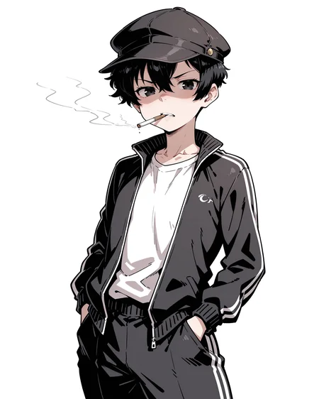 IllustriousQual_1017896, detailed face, detailed body, linear hatching, OCDamien, 1boy, solo, otoko no ko, toned, nose shade, black hair, black eyes, very short hair, pixie cut, hair between eyes, black flat cap, gopnik, cigarette in mouth, black track suit, white t-shirt,  scowl, gritting teeth, looking at viewer, facing viewer, hands in pockets,cowboy shot, simple background, white background, <lora:StS-Illustrious-Detail-Slider-v1.0:5><lora:hand 5.5_903007:0.9><lora:OC_Damien:1> <lora:StS_Age_Slider_Illustrious_v1:3><lora:il_brightness_slider_d1_1133126:0><lora:Muscle slider 3_last:2><lora:PP slider_last:-1>