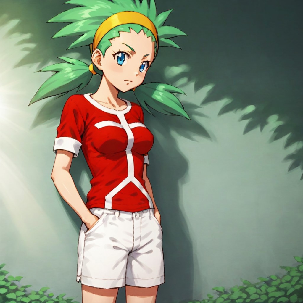 score_9, score_8_up, score_7_up, BREAK, solo, sumairu, green hair, blue eyes, twintails, medium breasts, red shirt, white shorts, hands in pockets, outdoors, sunlight, shadows, natural lighting,