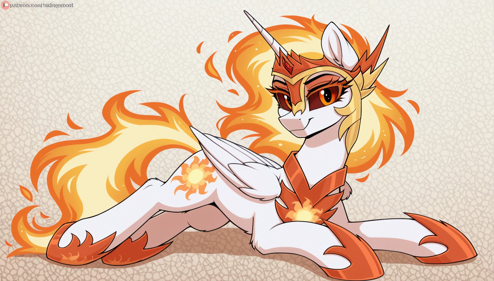 resolution, masterpiece, high resolution, , my little pony, friendship is magic, wild, , abstract background, , Female Daybreaker,  long body, white body, bright orange eyes with dark eyelashes, fiery mane and tail, wings decorated with white feathers with gold and orange inserts, golden headdress, crown with a red stone in the middle, golden jewelry, armor with the image of the sun, white horn<lora:Daybreaker:1.0> on the ground, holds flowers with hooves, presses chest, cheerful, happy,