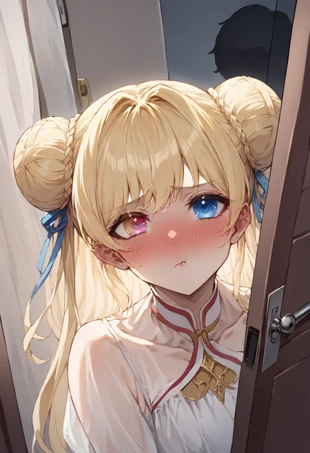 score_9, score_7_up, source_anime, uncensored, zPDXLxxx, <lora:intricate_details:1> intricate_details_xl, face focus, zoom layer, close-up, blurry background, straight-on, dutch angle, from side,
1girl, blonde hair, triple bun, long hair, bangs, hair slicked back, blue eyes, heterochromia, looking at viewer, full-face blush, Cocktail Dress, lips,
<lora:Pout_XLPD:1.3> pout, :t, closed mouth
<lora:Hidden_Sex_Curtain_Doorway_v1.0:1> hidden sex, stealth sex, (doorway:1.1), behind curtain, see-through silhouette, curtains, peeking out, peek, peeking, door, silhouette in background