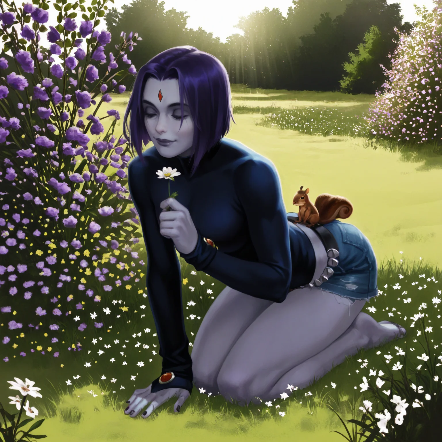 safe, masterpiece, very aesthetic, thirstastic, outside, garden, sunlight, flowers, grass, squirrel, animal
BREAK 1girl, raven \(dc\), colored skin, emo fashion, kneeling, picking flowers, closed smile
<lora:thirstastic_NAIXL_v10-000121:1>