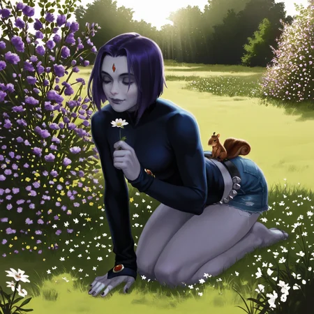 safe, masterpiece, very aesthetic, thirstastic, outside, garden, sunlight, flowers, grass, squirrel, animal
BREAK 1girl, raven \(dc\), colored skin, emo fashion, kneeling, picking flowers, closed smile
<lora:thirstastic_NAIXL_v10-000121:1>