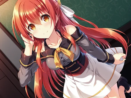 <lora:Escude_-_Yamizome_Liberator_-_All_in_One:1>,casualhikari,escude,hiyori,1girl,solo,long hair,red hair,dress,collarbone,standing,black footwear,long sleeves,bare shoulders,blush,amber eyes,off shoulder,very long hair,shoes,bangs,skirt,white skirt,hair between eyes,grey shirt,ribbon,grey ribbon,hair ribbon,indoors,bedroom,adjusting hair,light smile,, score_9, score_8_up, score_7_up,source_anime,(masterpiece),(best quality),(ultra-detailed),(best illustration),(best shadow),(absurdres),(detailed background),(very aesthetic),source_anime