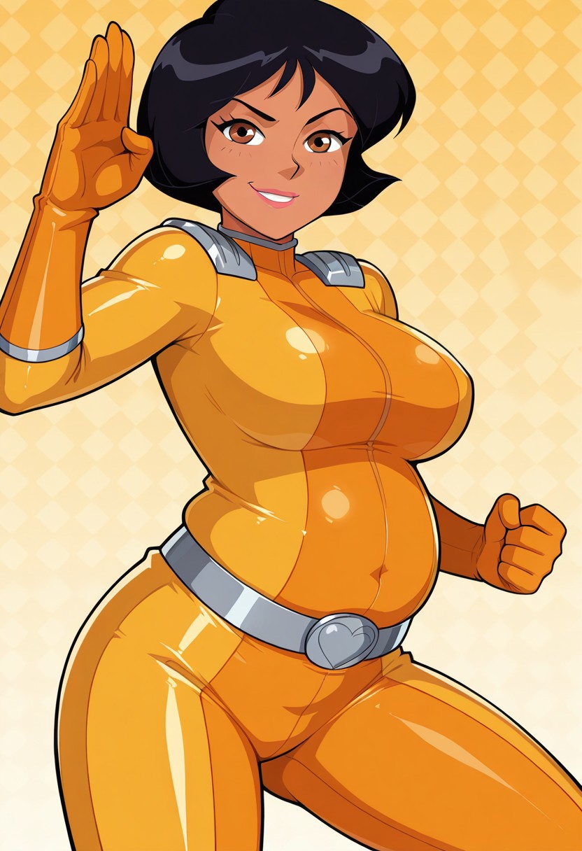 masterpiece, best quality, good quality, 1girl, solo, cartoon, parody, official style, alex_totally_spies, short hair, black hair, brown eyes, dark-skinned female, yellow bodysuit, sexy, large breasts, belly, big belly, fat belly, beautiful, detailed, high detailed, very beautiful, detailed face, detailed eyes, detailed hands, abstract background, smile, smirk, posing, pose, (fighting stance), looking at viewer, face focus, closeup