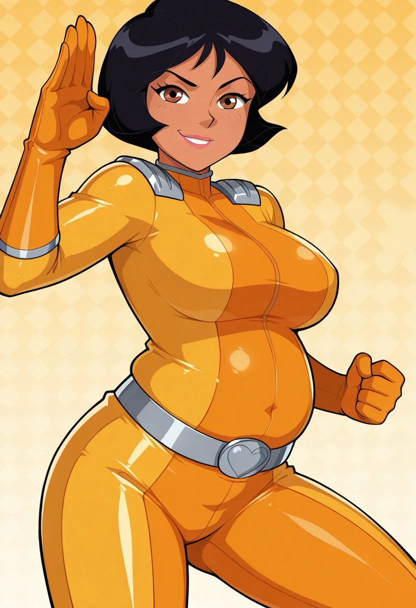 masterpiece, best quality, good quality, 1girl, solo, cartoon, parody, official style, alex_totally_spies, short hair, black hair, brown eyes, dark-skinned female, yellow bodysuit, sexy, large breasts, belly, big belly, fat belly, beautiful, detailed, high detailed, very beautiful, detailed face, detailed eyes, detailed hands, abstract background, smile, smirk, posing, pose, (fighting stance), looking at viewer, face focus, closeup