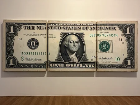 Triptych art, a painting in three panels. 

A dollar bill, stretched across the painting.

<lora:TriptychArt01_CE_XL_300-OT:0.6> trptchCE_style