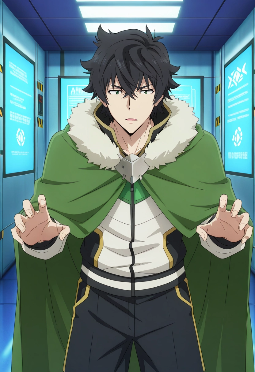 masterpiece, best quality, , anime screencap, anime coloring, official style, , 1boy, solo, male focus, <lora:naofumi_iwatani_ilxl:0.94>, naofumi_iwatani, black hair, green eyes, short hair, hair between eyes, bangs, green cape, fur trim, tech fortress, robot guards, security gates, control rooms, patrol pose, alert expression, artificial lighting, Bermuda shorts, Track jacket, , ,