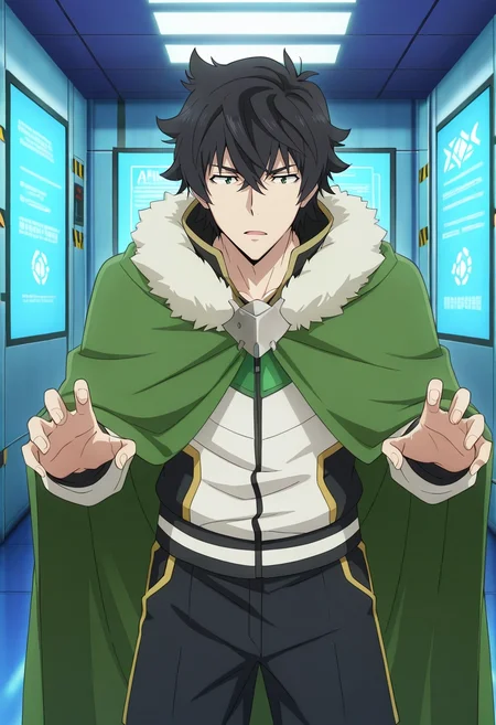 masterpiece, best quality, , anime screencap, anime coloring, official style, , 1boy, solo, male focus, <lora:naofumi_iwatani_ilxl:0.94>, naofumi_iwatani, black hair, green eyes, short hair, hair between eyes, bangs, green cape, fur trim, tech fortress, robot guards, security gates, control rooms, patrol pose, alert expression, artificial lighting, Bermuda shorts, Track jacket, , ,