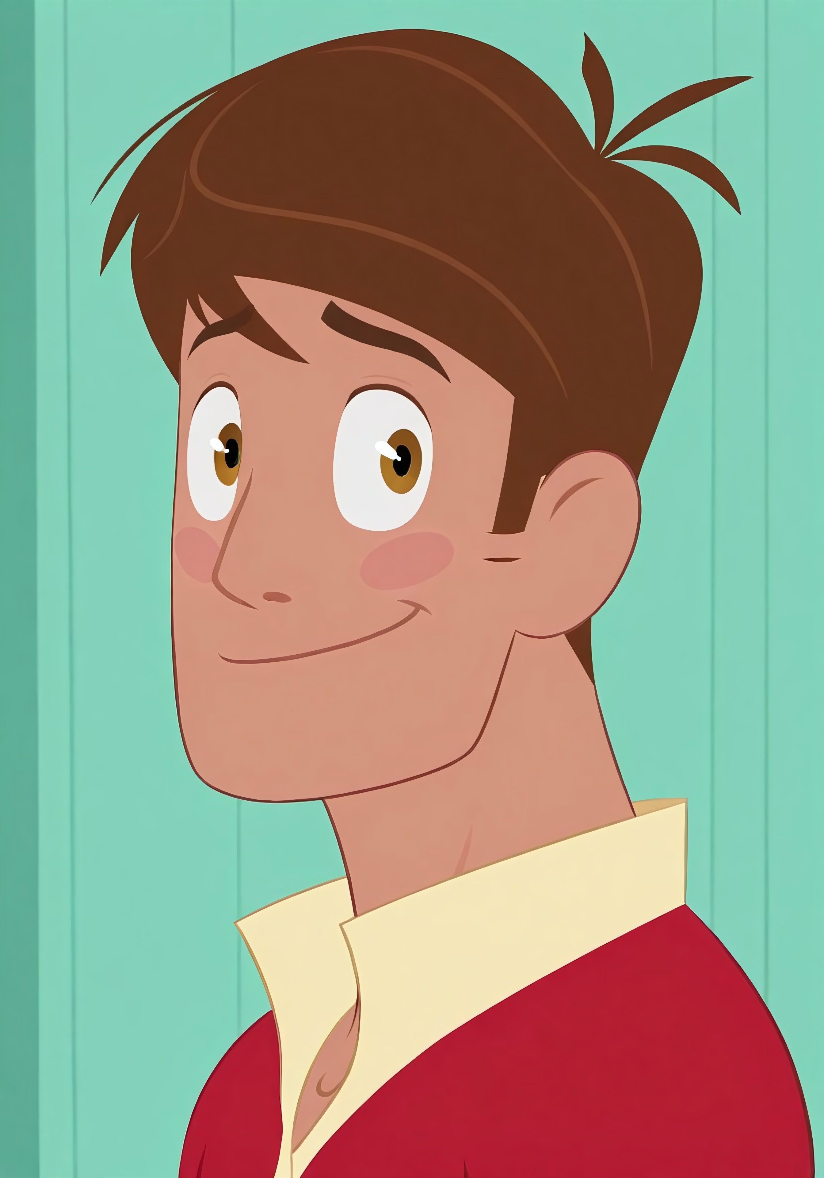 masterpiece, best quality, amazing quality, very aesthetic, high resolution, ultra-detailed, colorful, shiny skin, countershading, intricately detailed illustration, side view, full view, looking at viewer, 1boy, male focus, solo, male focus, TomgrwnUp, hazel eyes, brown hair, sideburns, blush stickers, dark skin, portrait, red shirt with beige collar, smile, akward, close-up,