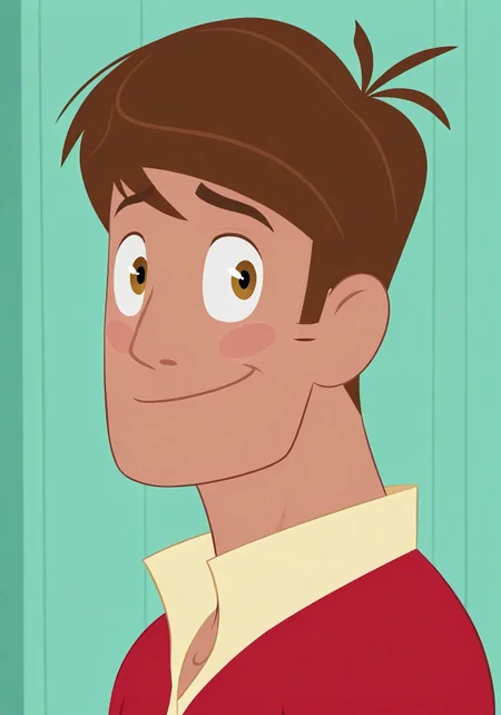 masterpiece, best quality, amazing quality, very aesthetic, high resolution, ultra-detailed, colorful, shiny skin, countershading, intricately detailed illustration, side view, full view, looking at viewer, 1boy, male focus, solo, male focus, TomgrwnUp, hazel eyes, brown hair, sideburns, blush stickers, dark skin, portrait, red shirt with beige collar, smile, akward, close-up,