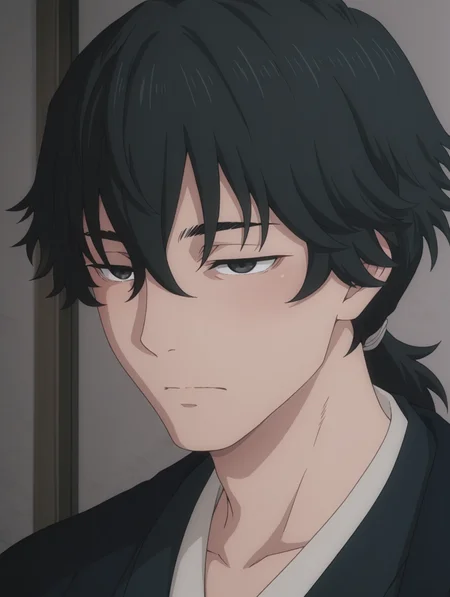 Jinta, kimono, black eyes, black hair, jinta, japanese clothes masterpiece, best quality, amazing quality, 1 boy, solo, male focus, fair skin, face focus, face close up