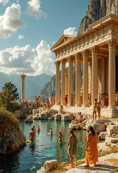 ancientstyle, at the top of Mount Olympus, gods and goddess bathe in the springs near the bar where ambrosia and alcoholic nectar fills the glasses of all in attendance, gold seeds and leaves scatter the wind, immaculate structures, pillars, Roman style