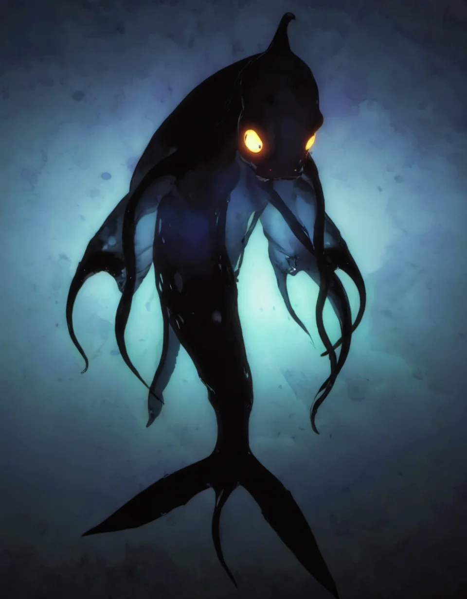 <lora:niohstorytelling-step00000400:1>,niohstorytell,silhouette of a squid shark with glowing eyes