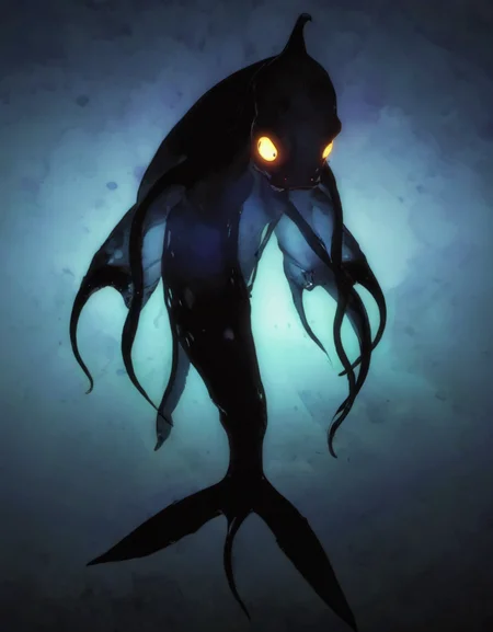 <lora:niohstorytelling-step00000400:1>,niohstorytell,silhouette of a squid shark with glowing eyes