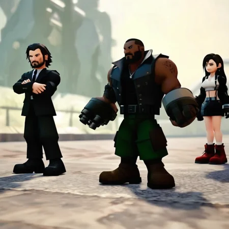 a game of john wick wearing a black and tie exploring the open world<lora:ff7 style:1> ff7og style, gorgeously designed retro character model and world, 3d chibi, 64-bit