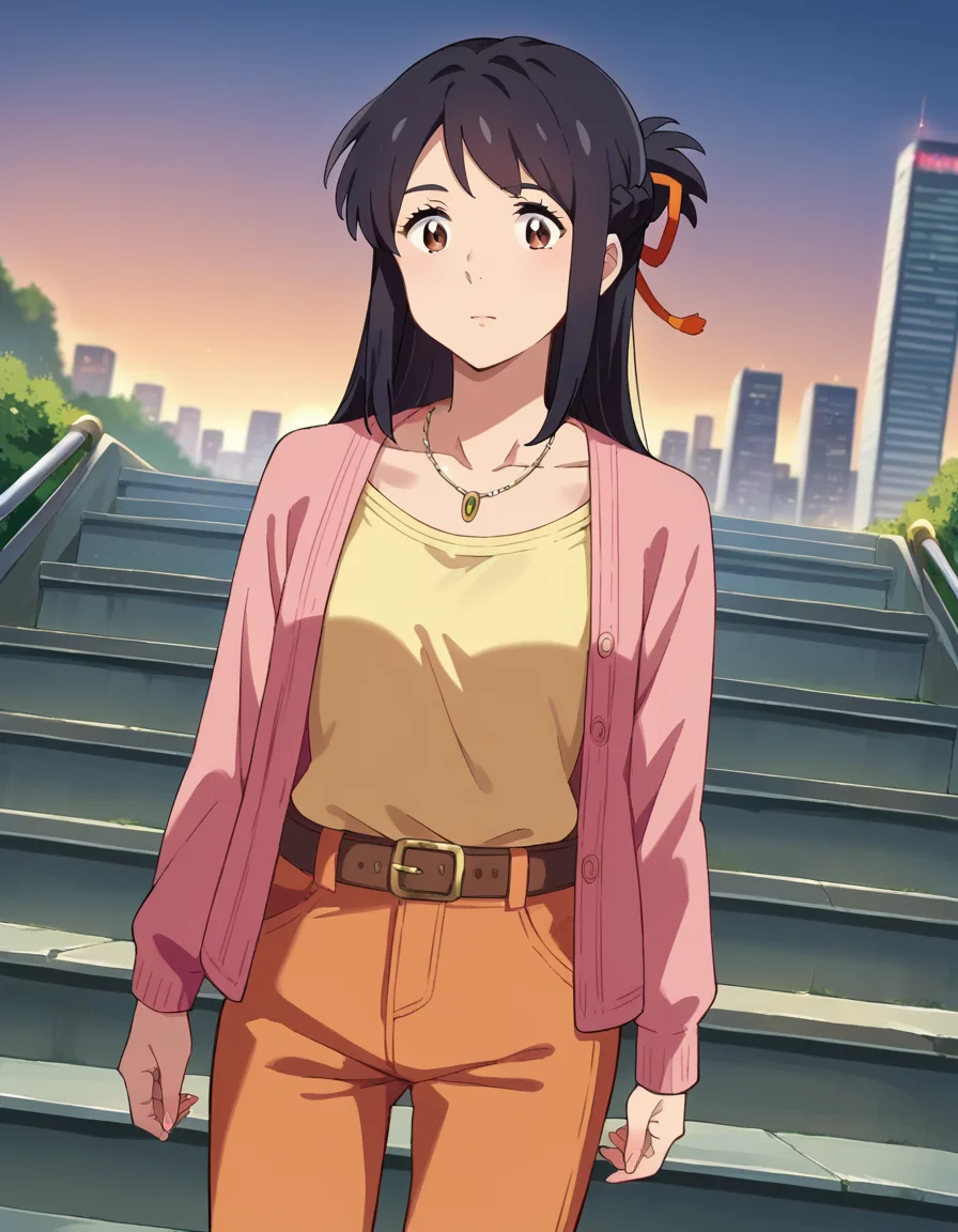 score_9, score_8_up, score_7_up, source_anime,
mitsuhamiyamizu, <lora:mitsuha-miyamizu-ponyxl-lora-nochekaiser:1>,
mitsuha miyamizu, black hair, brown eyes,
aged up, french braid, long hair, straight hair, hair ribbon, cardigan, pink cardigan, shirt, yellow shirt, belt, pants, orange pants, necklace, collarbone,
outdoors, cityscape, stairs,
looking at viewer, dutch angle, cowboy shot,