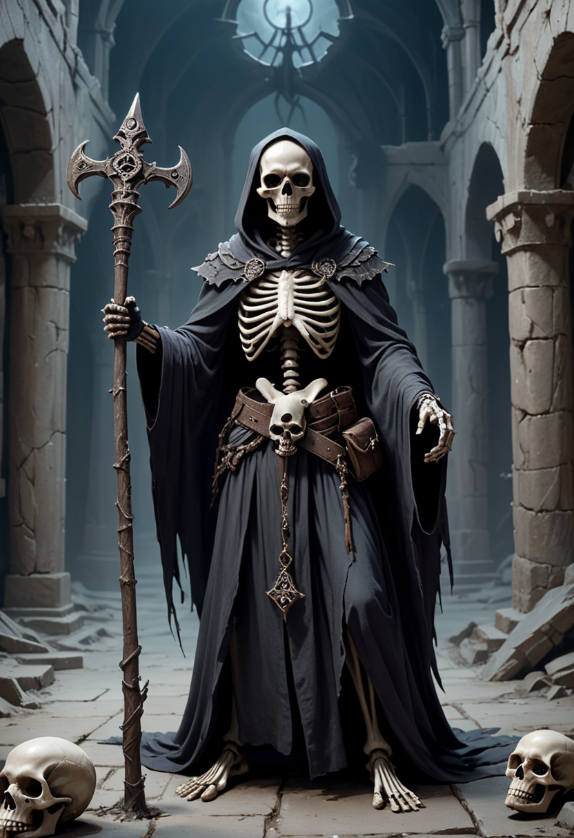 (medium full shot) of (grim skeleton)  mage, wearing Robes with runes, ancient staff, rusted anklets, skeletal belt, withered gloves, holding wielding dark scepter, set in the cursed lands, in  a desolate skeletal castle, surrounded by a moat, its once grand halls now silent, offering a glimpse into a bygone era , at night, ,Masterpiece,best quality, photo, realistic, very aesthetic,
