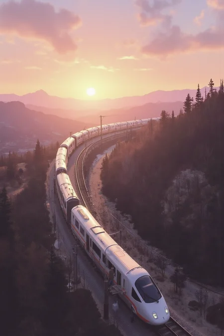 YFG-Sm0rg, Digital illustration of a bullet train in a Japanese landscape at dawn.