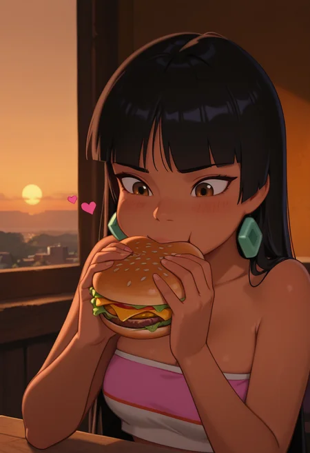 masterpiece, best quality, cinematic lighting, amazing quality, very aesthetic, absurdres, best quality, 4k, upscale, melanch0ly, hearts, close up,
chel, portrait, tube top, eating a burger,
bedroom, sunset, dark lighting, warm lighting, table,
<lora:Chel_IL:0.8>