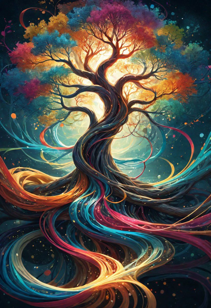 linquivera, liiv1, digital illustration, (anime:0.3) realistic, surreal, tree of life, fantasy,  regal, bold sinuous lines, tangled with colorful flowing ribbons and threads, swirling bands of fate and magic, wind, floating, motes of light