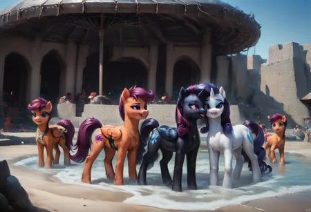 Rtx, ray tracing, score_9, ((detailed fur)), ((fluffy)), better color correction, bright color correction, improved light, glow, bright light, detailed light, detailed body, detailed eyes, 4k,  ((group)),
equestria, Pony, feral, Rarity and Scootaloo and Coloratura lying ,  ((on the sand,(( on the belly)), sunbath, )), smile, blush , long legs, slim waist, ((rised wings,   )) next to the sand castle, under umbrella, eat ice cream, pirate hat, next to sword in sand, rear view,  milessuit,  juicy big ass,