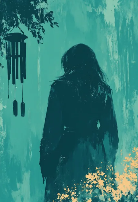 (muted turquoise palette,texture is polariod film)A woman standing with her back turned, facing the rainy street, dressed in a flowing dark coat that sways in the wind, her long black hair damp from the rain — beside her, a black wind chime sways gently, glowing subtly in the moody turquoise atmosphere, white wildflowers bloom at her feet, all rendered in ultra-realistic, cinematic lighting with a teal-and-crimson color palette, soft depth of field, and dramatic rain streaks