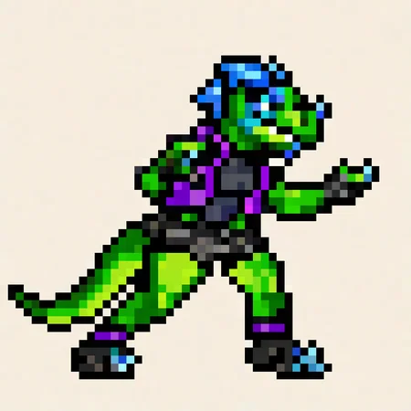 <lora:metalslugxl:1.1>, score_9, score_8_up, score_7_up, metalslugxl, pixelated, mspixel, (solo), 1girl, tail, antho, full body, from side, slim, wide hips, short stack, short limbs, BREAK, <lora:kabsraptorxl:0.85>, solo, vergence (kabscorner), bbsoutfit, pistol, black shorts, purple vest, black leotard, boots, black gloves, raptor, lizard, green body, blue eyes, blue nose horn, blue horns, simple background, talons, (white background)
