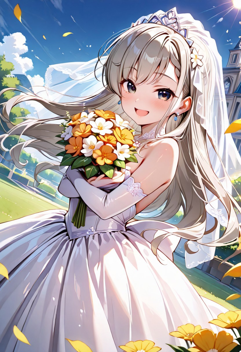 score_9, score_8_up, score_7_up, intricate detail, (masterpiece:1.2), (best quality:1.2), (very aesthetic:1.2), detailed background, ultra detailed, beautiful detailed, best quality, 4K, finely detailed, 
BRAEK 
((princess line wedding dress, bridal veil, flower wreath, tiara )), bloom, elbow gloves,
BREAK
chapel, wedding, garden, ((Serene riverside with blossoming wildflowers))
BREAK
(wind), (floating hair), light leaks, light particles,  floating petals in the wind
BREAK 
(fish eye, dutch angle, looking at viewer, )
BREAK
 (arched back:0.9), (twisting body), hugging flower bouquet,
BREAK 
((catchlight eyes)), ringed eyes, big eyes, cool eyes, intricate details, ultra-detailed face, detailed eyes, piercing,  [pastel color inner hair], 
BREAK  
Expressive eyes, (gradient eyes), 
BREAK 
(cheerful), (seductive smile:0.8), (naughty face), (open mouth:0.8)
BREAK 
1 girl, (((hisakawa hayate:1.2))), middle breasts, (cute face), (cute girl), ((pretty girl)), Perfect Face, (round face), ((good figure)), ((petite:1.4)), ((young:1.2)). (realistic skin), (highly detailed skin),