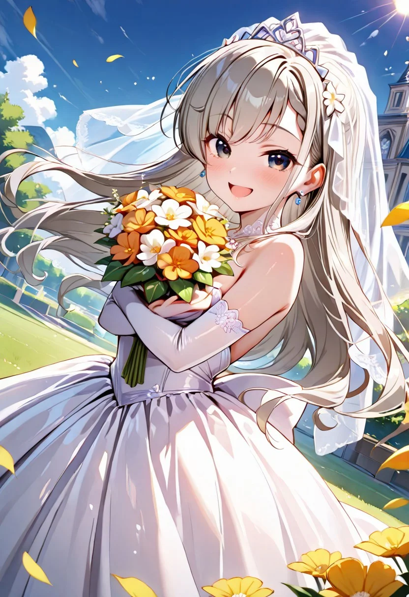 score_9, score_8_up, score_7_up, intricate detail, (masterpiece:1.2), (best quality:1.2), (very aesthetic:1.2), detailed background, ultra detailed, beautiful detailed, best quality, 4K, finely detailed, 
BRAEK 
((princess line wedding dress, bridal veil, flower wreath, tiara )), bloom, elbow gloves,
BREAK
chapel, wedding, garden, ((Serene riverside with blossoming wildflowers))
BREAK
(wind), (floating hair), light leaks, light particles,  floating petals in the wind
BREAK 
(fish eye, dutch angle, looking at viewer, )
BREAK
 (arched back:0.9), (twisting body), hugging flower bouquet,
BREAK 
((catchlight eyes)), ringed eyes, big eyes, cool eyes, intricate details, ultra-detailed face, detailed eyes, piercing,  [pastel color inner hair], 
BREAK  
Expressive eyes, (gradient eyes), 
BREAK 
(cheerful), (seductive smile:0.8), (naughty face), (open mouth:0.8)
BREAK 
1 girl, (((hisakawa hayate:1.2))), middle breasts, (cute face), (cute girl), ((pretty girl)), Perfect Face, (round face), ((good figure)), ((petite:1.4)), ((young:1.2)). (realistic skin), (highly detailed skin),