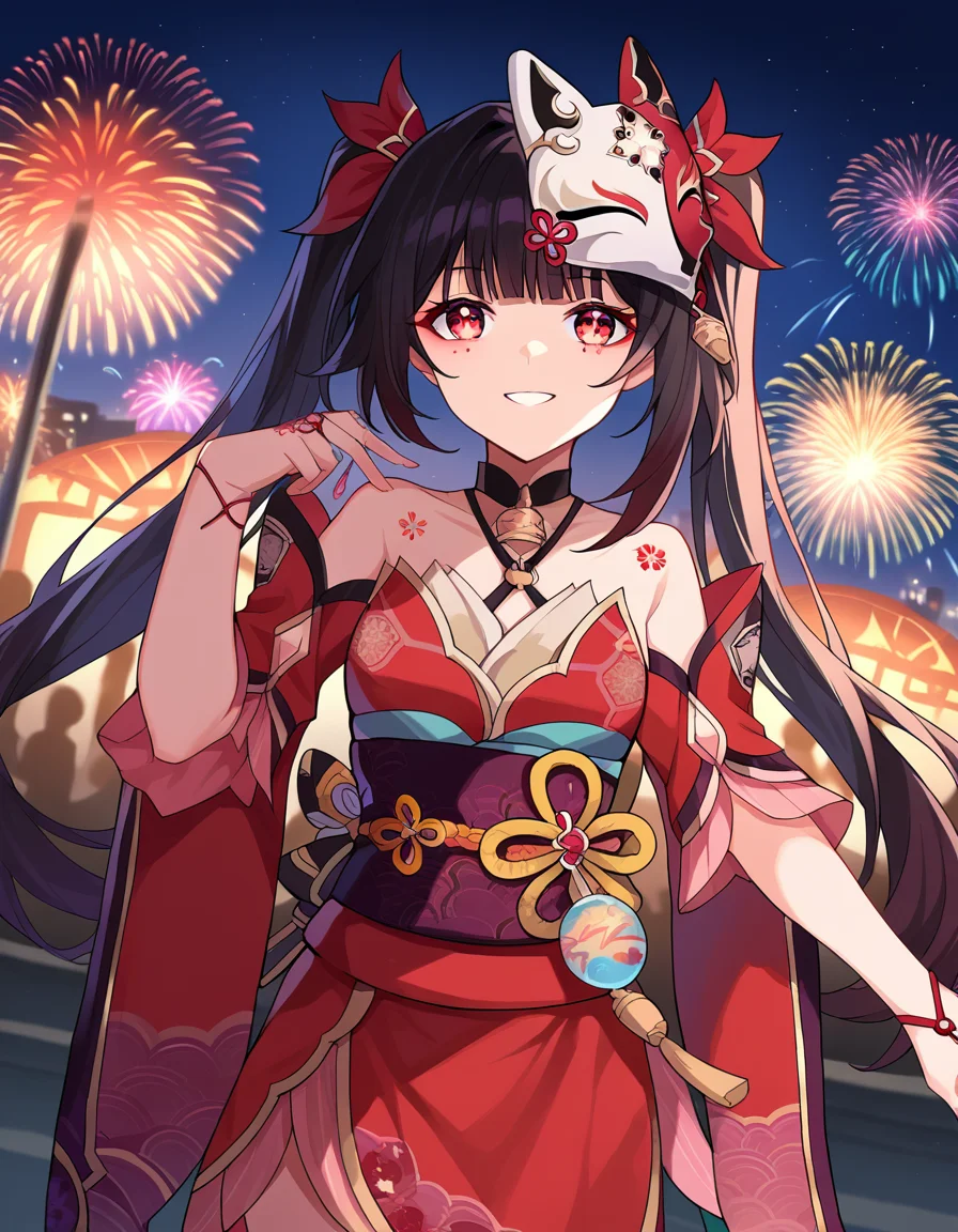 score_9, score_8_up, score_7_up, source_anime,
honkaisparkle, <lora:honkai-sparkle-ponyxl-lora-nochekaiser:1>,
sparkle, long hair, bangs, black hair, hair ornament, twintails, red eyes, bell, mask, mask on head, fox mask, smile,
dress, bare shoulders, japanese clothes, sash, tattoo, red dress,
outdoors, fireworks, festival,
looking at viewer, cowboy shot, dutch angle, dynamic pose,