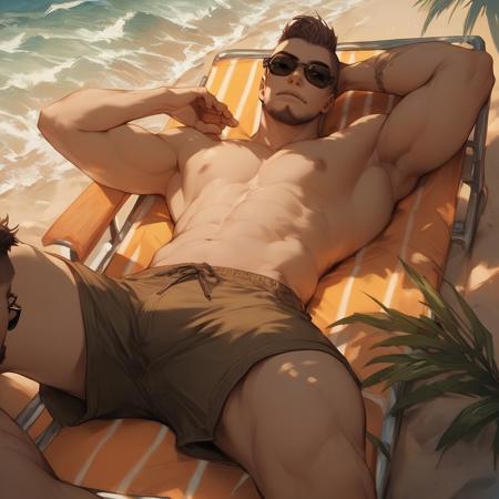 manhwastyle, 1man, score_9, score_8_up, score_7_up, score_6_up, light-skinned, undercut, brown hair, sunglasses, lying, on back, beach chair, hand behind head, shorts, bearded, beach, sunny, waves, palms