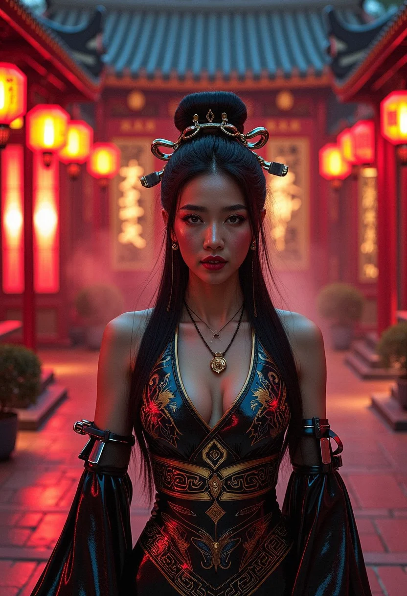 A stunning photorealistic portrait of a busty young East Asian woman in a fusion of traditional and futuristic fashion, standing in a serene courtyard at night. She wears a sleek, form-fitting hanfu-inspired gown made of glossy black and gold latex, with intricate cyberpunk-inspired embroidery glowing faintly. The deep neckline elegantly reveals her collarbone and cleavage, blending elegance with sensuality. The flowing latex sleeves shimmer under neon and lantern light, while a structured, high-tech obi belt with metallic accents cinches her waist.
Her long, black hair is styled in an elaborate updo adorned with futuristic golden hairpieces and glowing red ornaments. Her deep, captivating eyes and her detailed skin reflect the ambient neon and lantern lights. The traditional Chinese courtyard setting is transformed with cyberpunk elements—glowing lanterns now infused with neon hues, digital calligraphy on wooden pillars, and a soft mist rising from the ground. The background features red lacquered buildings with soft holographic projections blending with ancient architecture.
The scene is illuminated by a mix of moody, cinematic lighting—red and gold lanterns casting warm shadows, while subtle neon glows create a striking contrast. The image is captured in **Annie Leibovitz’s** signature dramatic portrait style, with ultra-high detail, 8K resolution, lifelike textures, and a perfect balance of softness and sharp contrast.