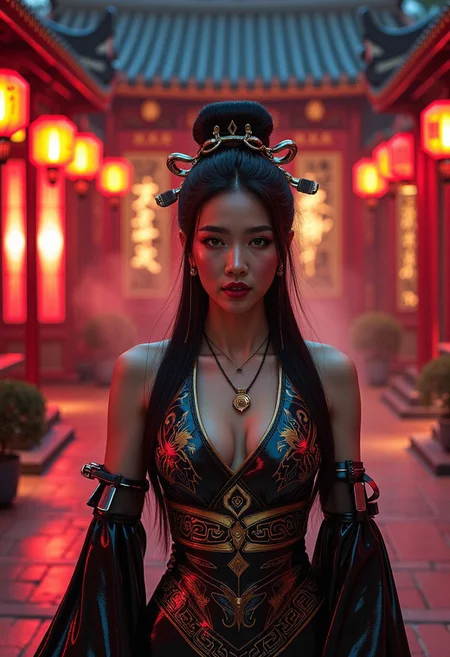 A stunning photorealistic portrait of a busty young East Asian woman in a fusion of traditional and futuristic fashion, standing in a serene courtyard at night. She wears a sleek, form-fitting hanfu-inspired gown made of glossy black and gold latex, with intricate cyberpunk-inspired embroidery glowing faintly. The deep neckline elegantly reveals her collarbone and cleavage, blending elegance with sensuality. The flowing latex sleeves shimmer under neon and lantern light, while a structured, high-tech obi belt with metallic accents cinches her waist.
Her long, black hair is styled in an elaborate updo adorned with futuristic golden hairpieces and glowing red ornaments. Her deep, captivating eyes and her detailed skin reflect the ambient neon and lantern lights. The traditional Chinese courtyard setting is transformed with cyberpunk elements—glowing lanterns now infused with neon hues, digital calligraphy on wooden pillars, and a soft mist rising from the ground. The background features red lacquered buildings with soft holographic projections blending with ancient architecture.
The scene is illuminated by a mix of moody, cinematic lighting—red and gold lanterns casting warm shadows, while subtle neon glows create a striking contrast. The image is captured in **Annie Leibovitz’s** signature dramatic portrait style, with ultra-high detail, 8K resolution, lifelike textures, and a perfect balance of softness and sharp contrast.