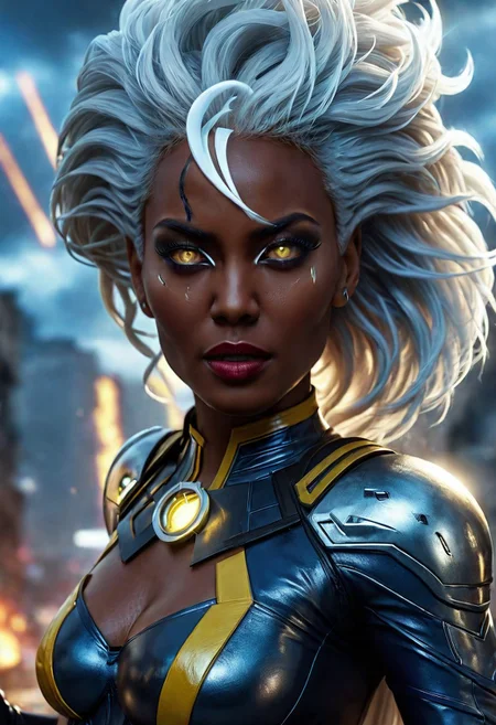 UltUltra detailed digital art masterpiece, Hyperdetailed, hyperrealism, extremely high resolution of Beautiful black Superheroine Ororo Munroe as Storm, Greg Rutkowski style, stands in a bloody, sinister battle in the streets of a ruined city, Realistic black eyes, wavy grey hair, Intricately designed blue and yellow X-Men Superheroine combat costume with X logo, Marvel, X-Men, 8K, deep color, Cinematic Lighting, intricate smooth, sharp focus digital painting, Artgerm, WLOP, Greg Rutkowski, Beautiful Ororo Munroe as Storm, Intricately Designed handsome black face, Marvel comics, Realistic combat dirty clothing, perfect whole athletic body, defiant and seductive, Photograph Taken on Nikon D750, Intricate Elegant, Digital Illustration, Scenic, Unreal Engine, CryEngine, Octane Render, 8k, Designed combat clothes, Attractive, Attractive black woman, dramatic lighting, wet and sweaty skin, beautiful firm Breasts, Daylight, Concept art by Greg Rutkowski, adding to the intense and dynamic atmosphere of the scene