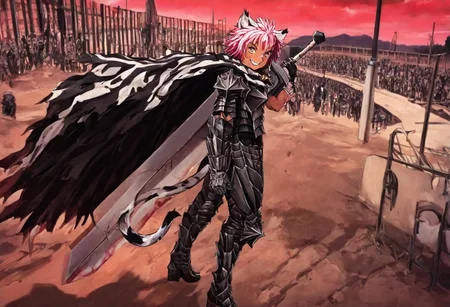 masterpiece, very aesthetic, anime screenshot, 1girl, Pink_PonyXL, DragonSlayerSword-Il.V1.0, white tiger striped armor, white tiger striped shoulder armor, gauntlets, greaves, bandaged arm, white tiger striped cape, torn cape, bright pink hair, cat ears, scar on nose, cat bell around neck, tanned, white tiger tail, small breasts, femine body, smiling, making a cute cat face, single fanged tooth showing, standing, looking at viewer, side view, wielding-dragonslayer, huge weapon, sword, holding sword, holding weapon, full body, zoomed in on pink_ponyxl, Dutch angle, cowboy shot
Break
City square, bright and sunny, happy adoring crowd,