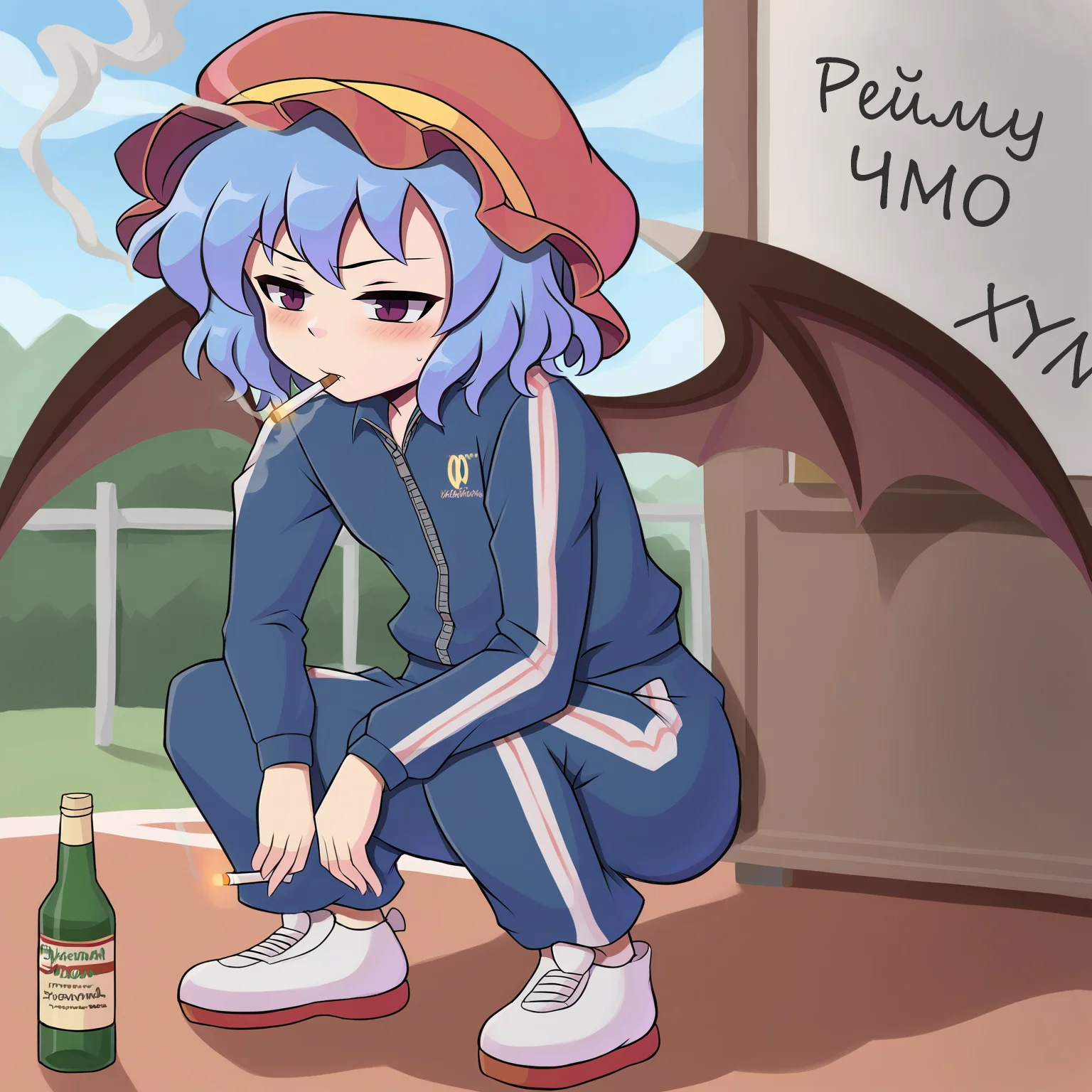 score_9, uncensored, source_anime
BREAK
1girl, remilia scarlet, solo, wings, hat, bat wings, cigarette, track suit, squatting, short hair, blue hair, bottle, smoking
<lora:duhota_v4-1_adafactor:1>