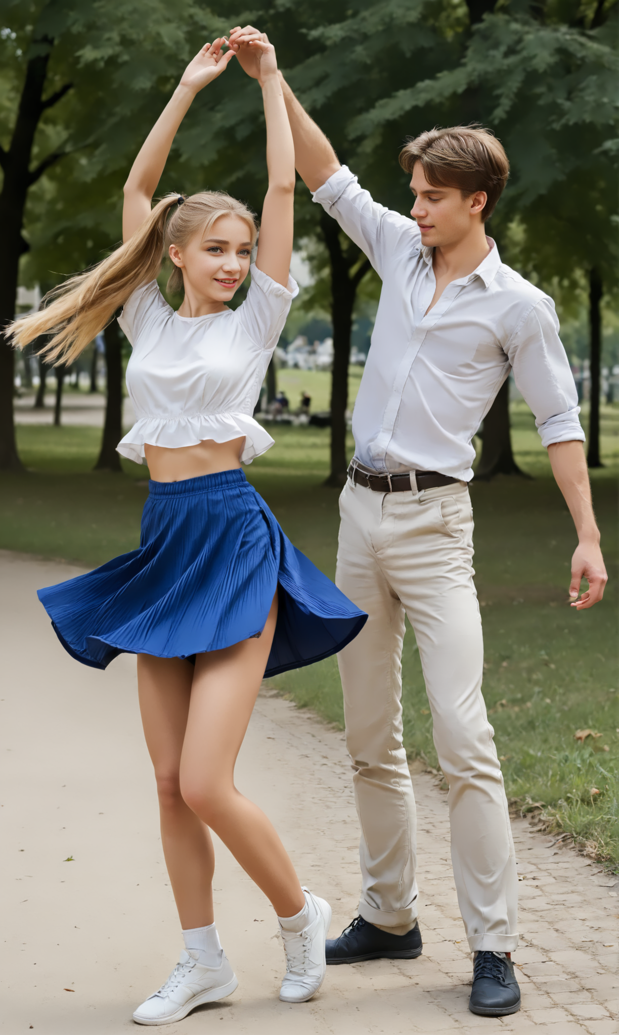 DanWiTu, (slim girl) and a man dancing in park. The girl wears blue skirt and white blouse. The man wears long trousers and shirt. The girl has short blonde ponytail    <lora:DanceWithTurn:1>