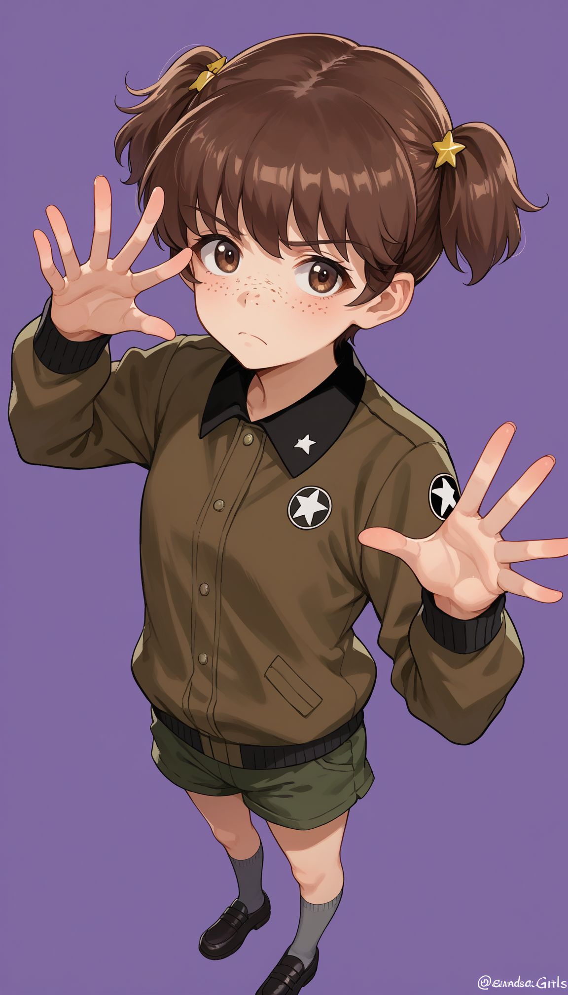 score_9, score_8_up, score_7_up, source_anime, 
 <lora:alisa_girls_und_panzer:1> 1girl, alisa \(girls und panzer\), ,1girl, saunders military uniform, alisa (girls und panzer), freckles, brown hair, star hair ornament, star (symbol), short twintails, brown eyes, shorts, brown jacket, short hair, purple background, long sleeves, twitter username, standing, emblem, looking at viewer, grey socks, foreshortening, closed mouth, simple background, frown, reaching towards viewer, black footwear, black socks ,  alisa (girls und panzer), freckles, short twintails, short hair, brown hair, brown eyes, star hair ornament