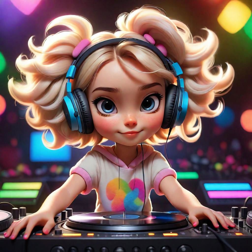 Imagine the most adorable fluffy cartoon girl with a tiny top, who stands behind the decks with oversized headphones, ready to spin some tunes. As the spotlight hits her, the audience,, gathers around in excitement. Describe the scene as she starts mixing tracks, with colorful lights pulsating to the rhythm. How does the audience react? What kind of music is she playing, and how does it make everyone feel? Dive into the vibrant atmosphere, capturing the essence of joy, rhythm, and the magical connection between music and the cartoon world.
 intense, photorealistic lighting and cinematic lighting quality,  (sharp focus), backlighting, photo realistic, highly  detailed,
a colorized photo, RAW format, 8K photorealistic image, superflat, 4k, ultra hd, high resolution , UHD, shot with a professional DSLR camera like Fujifilm XT3, Sony A7IV, Nikon D850, Sony A9 II, Canon EOS R5,
The final image should be a professional, award-winning masterpiece with (sharp focus:1.2),, (intricately detailed, hyperdetailed), HDR, (extremely detailed 8k wallpaper), high quality, intense, intricate, highly detailed, octane render, fine detail, ultra realistic, crisp, super sharp, studio quality, masterpiece, best quality, UHD, Film grain, photorealistic, trending on cg society