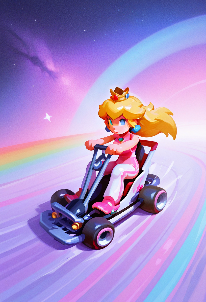 sp3,  masterpiece, best quality, solo,   princess peach, sitting in gokart, rainbow racetrack road,  galaxy background, 