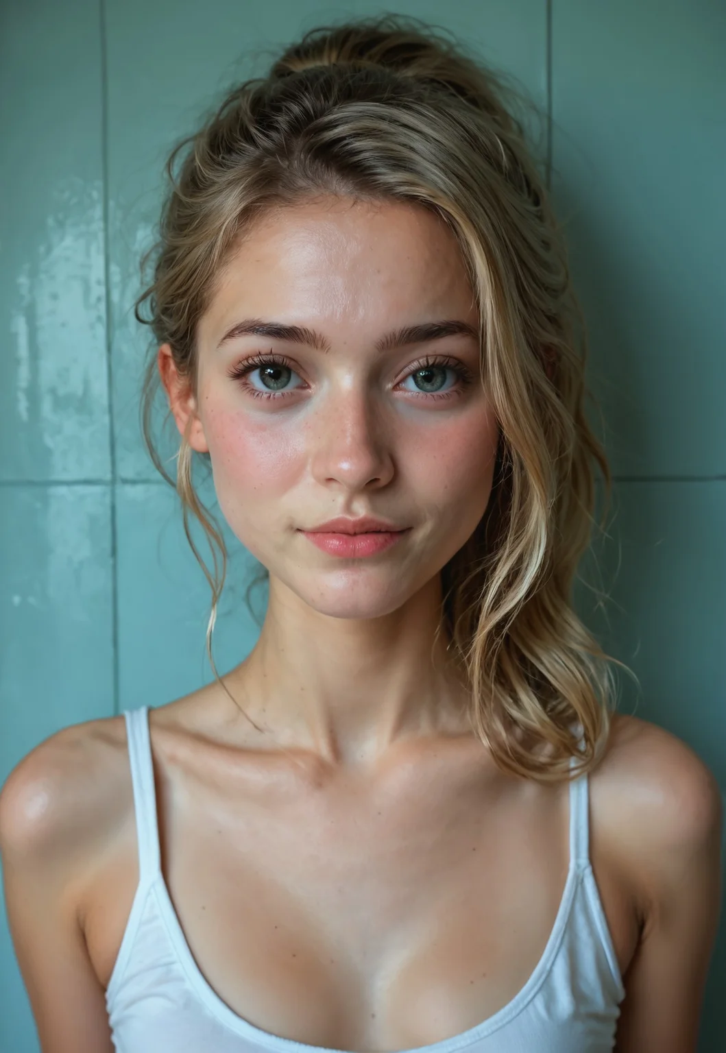 safe_pos, score_9, score_8_up, score_7_up, 1 girl, 18, petite, ((((youthful features, young features)))), blonde hair, ponytail, skinny body, ((high cheek bones, symmetrical face)), slender body, sexy, ((no earrings, no piercings)), cinematic shot, even lighting, 75mm, Technicolor, Panavision, cinemascope, sharp focus, fine details, 8k, HDR, realism, realistic, film still, cinematic color grading, depth of field, beautiful, extremely detailed background, ((face focus, detailed skin)), zPDXL3, real life photo, Photo Real, ((detailed skin))