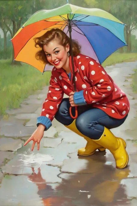 gilelvgren1 illustration.
A young woman, angled from slightly above and to the right, crouching low to the ground in a puddle. The young woman is wearing bright yellow rubber boots and a red jacket with white polka dots. The jacket sleeves are pushed up to reveal blue cuffs. The young woman also wears dark blue jeans and has a smile on her face as she extends her right index finger to touch the water in the puddle. She holds a large, open umbrella with rainbow-colored panels and a red handle over her.
The ground is wet and paved with grey stones, reflecting the sky and umbrella. The background is slightly blurred, showing hints of green grass and trees. The lighting is overcast and diffused, typical of a rainy day.
<lora:gilelvgren1_d8a4e9a:1.0><lora:868556335149520903:0>