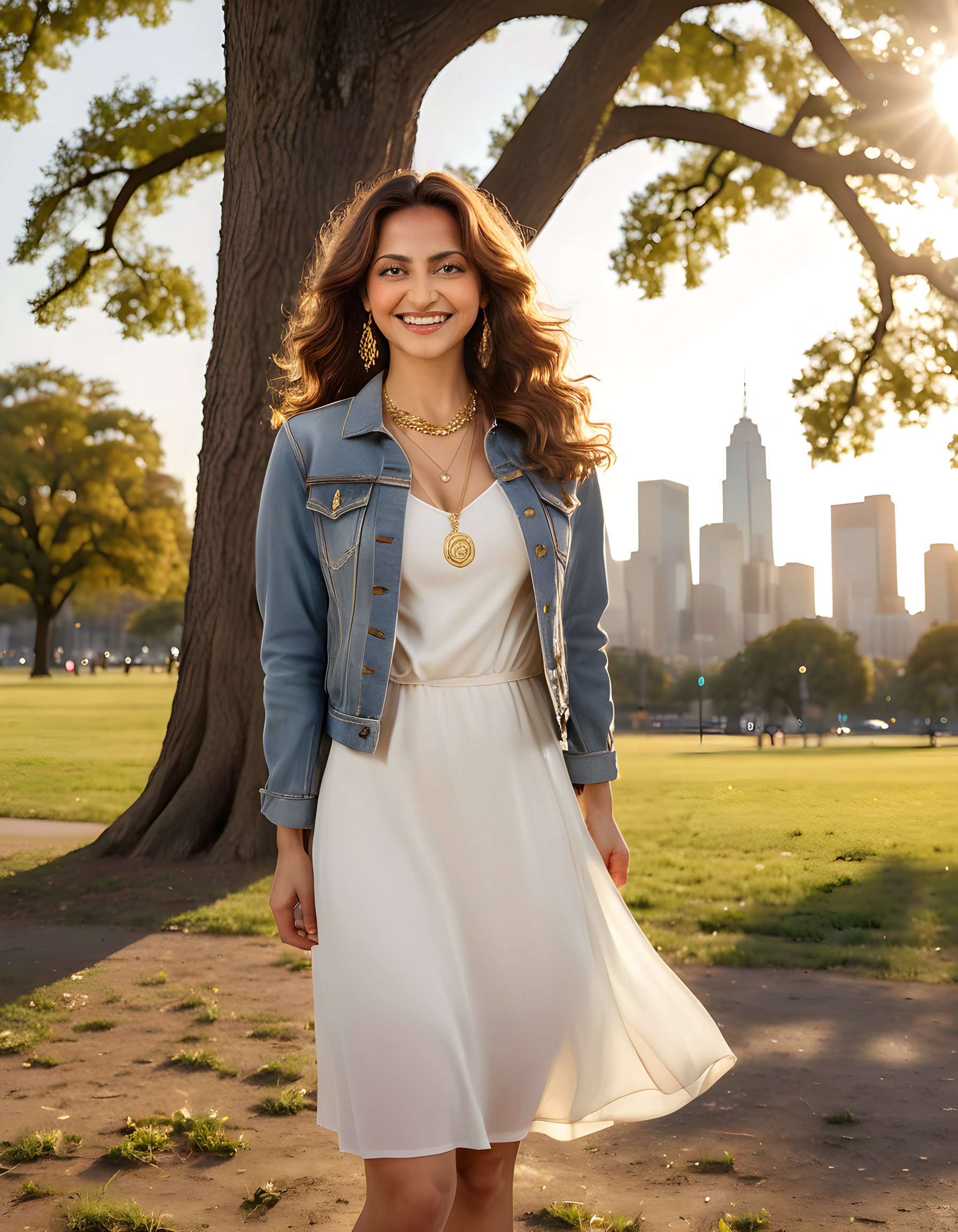 In a bustling city park under the soft glow of late afternoon sun, a stylish woman with long, wavy brown hair and sparkling brown eyes adorned by a delicate gold necklace smiles warmly at the viewer, her outfit a chic combination of an Am832RRB vintage denim jacket and a flowing white dress, her pose casual yet confident as she leans against the trunk of a mature oak tree, the city skyline shimmering in the distance behind her.
