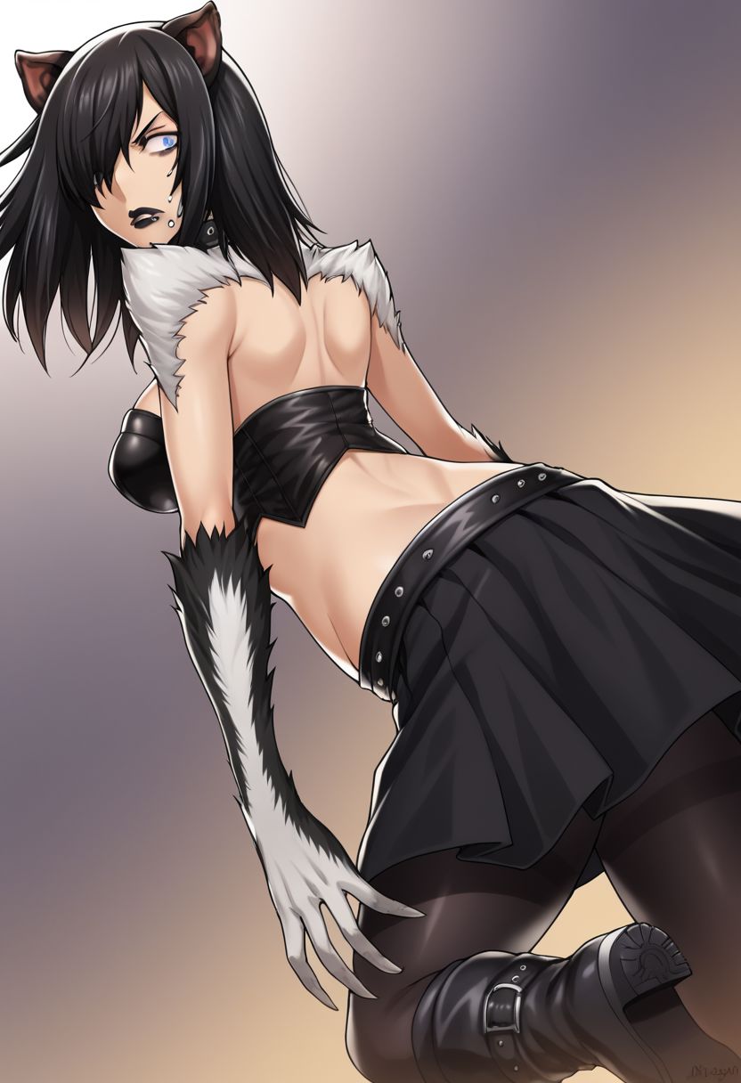 score_9,high-resolution,noise reduction,looking back,
kuroi tasuku,beast form,animal ears,medium hair,black hair,blue eyes,white skin,black eyelashes,thin eyebrows,hair over eye,medium breasts,black lipstick,serious expression,piercing on lips,piercing on left lips,black bra,collar,black fur,fur on neck,fur on arms,fur on chest,black strapless top,black skirt,metallic belt,black pantyhose,black boots 
BREAK,low angle view