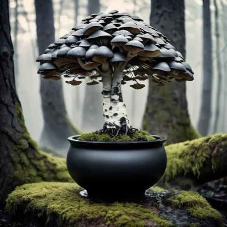 mysterious translucent transparent glass mushroom mixed with birch tree in slimy black bonsai pot, intricate and hyperdetailed raw photography by Lee Jeffries, Joe Fenton, Andree Wallin, Killian eng, Sung Choi, album cover art, amazing depth, perfect ratio, hdr, perfect balanced styles, magical, intense back light, stunning soft smoke, impressive masterwork by head of prompt engineering