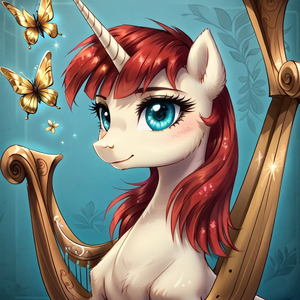 safe_pos, score_9, score_8_up, score_7_up, score_6_up, score_5_up, score_4_up, my little pony, ((feral pony)), Lauren Faust, Blue eyes, white body, 1girl, ((solo)), (sexy), beautifully detailed, (detailed cute pony face), detailed golden eyes, detailed turquoise fur, (turquoise floral background:1.5), (playing the harp:1.8), ((close-up)), high angle, (golden marigold), (foliage:1.0), (golden butterflies:1.5), (unicorn), (golden harp)