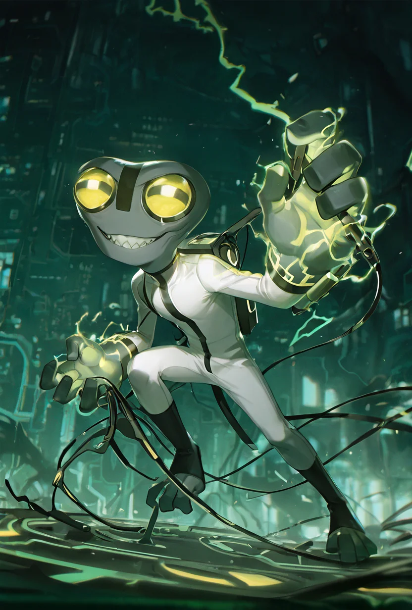 <lora:greymatter-09:1> greymatter, solo, 1boy, white bodysuit, grey skin, , small body, big hands, , sharp teeth, big yellow eyes, big head, dynamic pose, <lora:WSSKX_WAI:1>, circuitry background, holding cables, glowing eyes, smiling, green electricity, full body, action pose, cinematic scene,, masterpiece, best quality, amazing quality, very aesthetic, absurdres, newest,