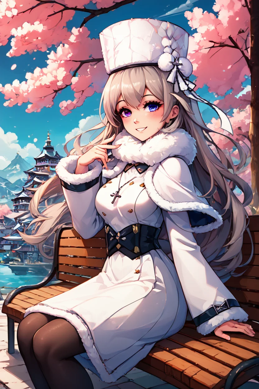 score_9, score_8_up, score_8, medium breasts, (curvy), cute, eyelashes,       ,,, , ,,, zzMurmansk, long hair, purple eyes, heterochromia, blue eyes, bangs, grey hair, hat, white headwear, cross necklace, fur-trimmed dress, white dress, papakha, black pantyhose, long sleeves, black belt, white coat, capelet, winter coat,  <lora:Murmansk_Azurlane_PDXL:1.0>,  ,,,, BREAK, sitting on bench, side view, smile, looking at viewer, cowboy shot,  ,,, BREAK, pnkBldng, sky, day, cloud, tree, blue sky, building, architecture, east asian architecture,  ,,, BREAK, embedding:zPDXL, Expressiveh,  ,,, <lora:PinkBuildingsPDXL_v2:0.6>, <lora:SDXLFaeTastic2400:0.5>, <lora:Expressive_H-000001:0.4>